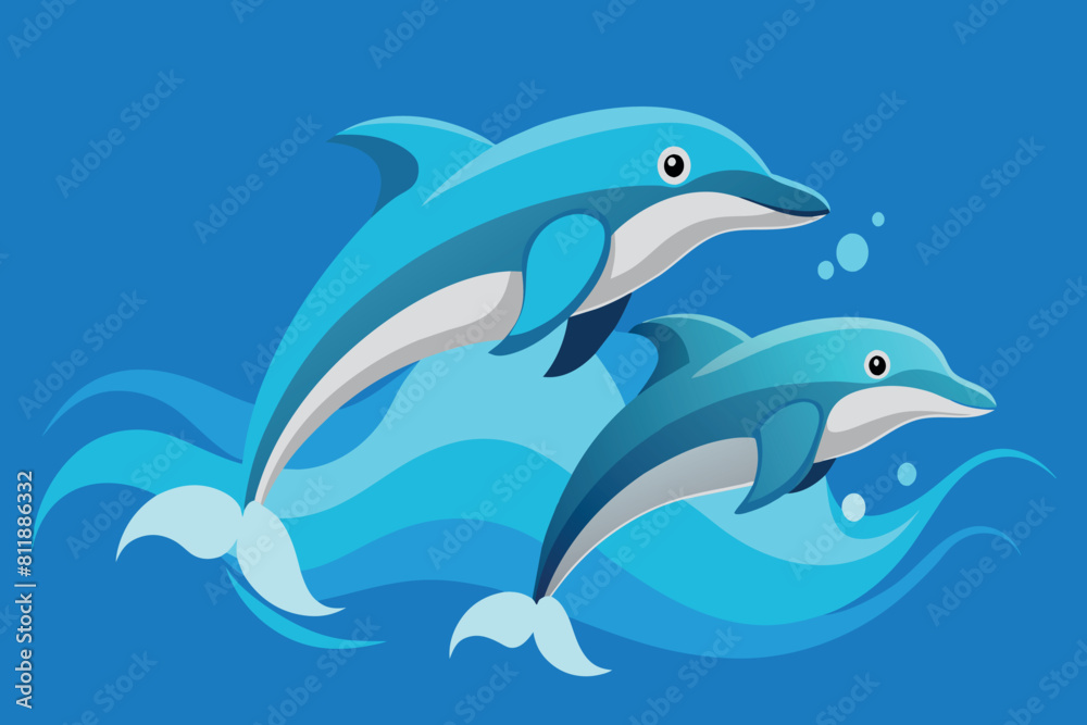 Fototapeta premium Two dolphins are jumping through the ocean waves