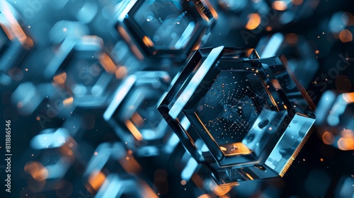 3D rendering of glowing blue and orange hexagons. photo