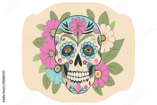 Artistic representation of a Dia de los Muertos skull adorned with vibrant flowers