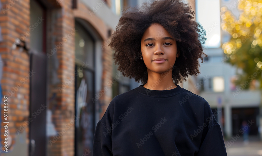 A young African American woman in a black hoodie stands in front of a city street, exuding confidence and style