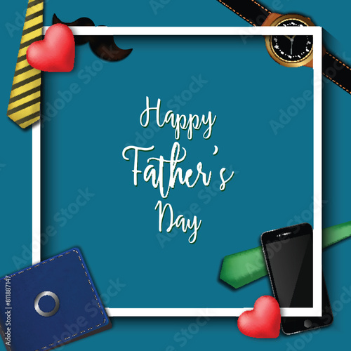 Fathers Day illustration with wallet, mobile, watch, tie, Top View illustration.