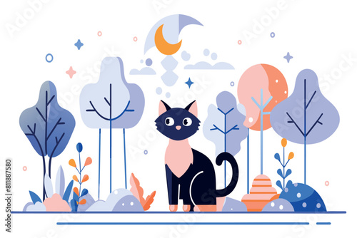 A stylized black cat sits outdoors with whimsical trees and a crescent moon