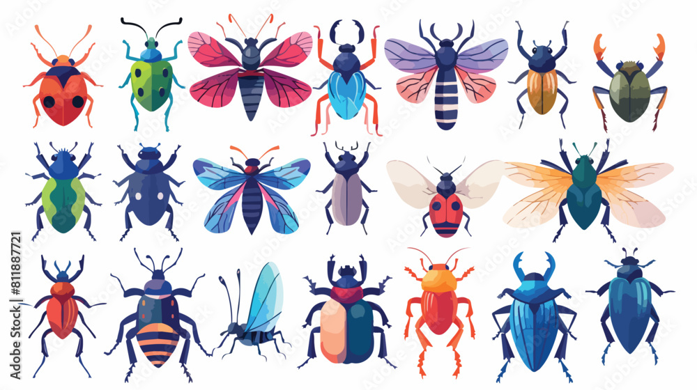 Bundle of different colorful geometric insects with w