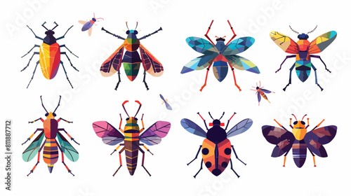 Bundle of different colorful geometric insects with w