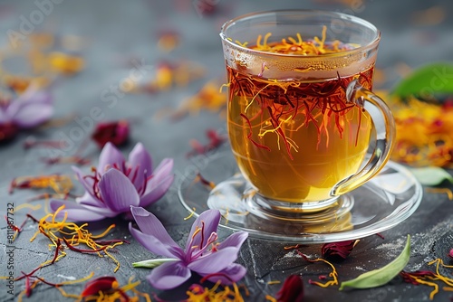 A close shot of premium saffron tea in a transparent cup decorated with saffron flowers with a big space against blurry nature backdrop for text or product advertisement background, Generative AI.