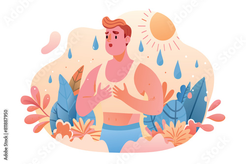 A man cools himself, sweating heavily under the harsh sun