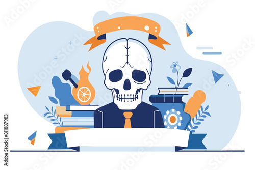 A skeleton in business attire sits tirelessly at a desk surrounded by books and a coffee pot