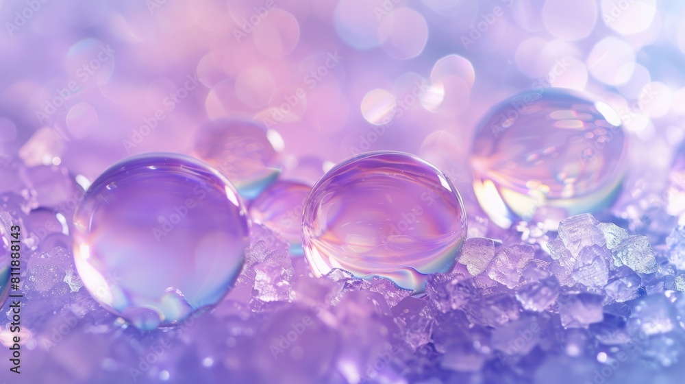 Fantastic abstract background with close-ups of translucent soap bubbles frozen on a pile of crushed ice on a hazy purple background