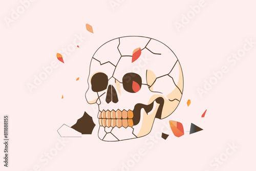 Stylized skull with autumn foliage, representing seasonal change or decay