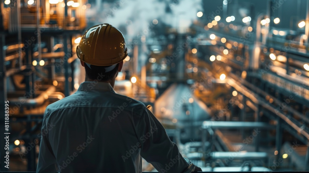 An engineer wearing a hard hat is looking at an oil refinery.