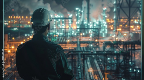 An engineer looking out over an oil refinery at night