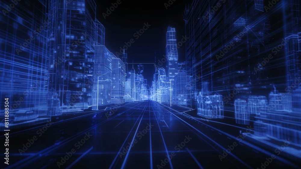 Line-based translucent graphics with street scenery buildings, smart city, future city, city centre, downtown business Line-based translucent graphics with street scenery buildings, smart city, future city, city centre, downtown business