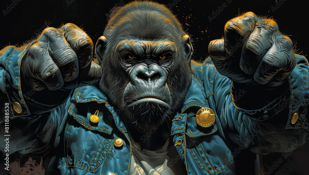 Powerful Armored Gorilla with Raised Fists in Denim Jacket - Comic Book Style Illustration