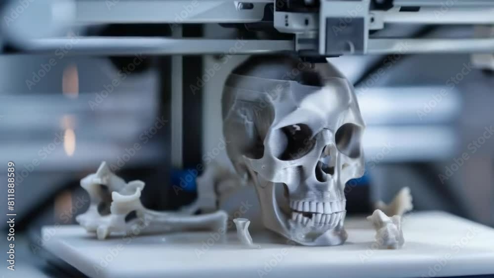 3D printer meticulously crafting a detailed human skull, other anatomical structures, set against high-tech, blue-toned laboratory backdrop. Captures precision and advancement in medical technology 3D printer meticulously crafting a detailed human skull, other anatomical structures, set against high-tech, blue-toned laboratory backdrop. Captures precision and advancement in medical technology
