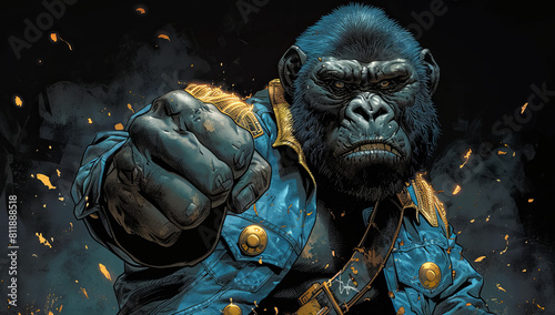 Armored Gorilla in Denim Jacket Raising Fists - Vibrant Comic Book Style Artwork photo