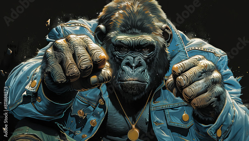 Dynamic Comic Book Style of an Armored Gorilla Wearing Denim Jacket with Raised Fists photo
