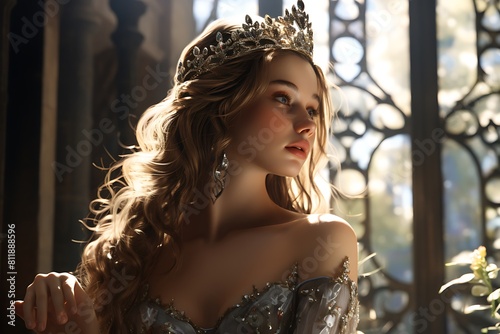 Beautiful young woman in medieval dress and crown posing in luxury interior