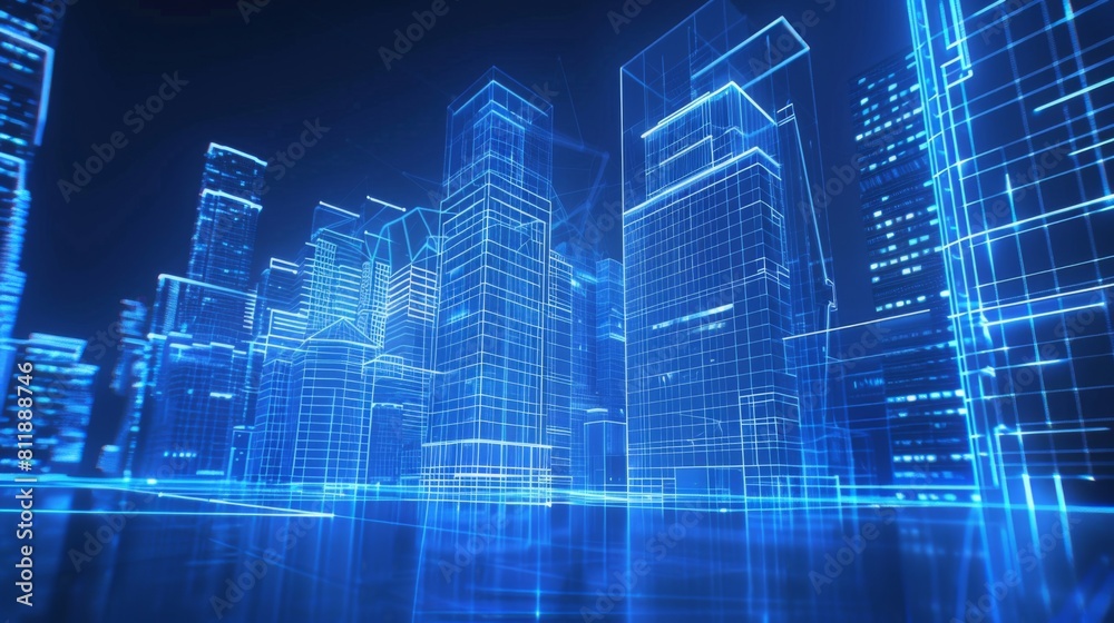Line-based translucent graphics with street scenery buildings, smart city, future city, city centre, downtown business Line-based translucent graphics with street scenery buildings, smart city, future city, city centre, downtown business