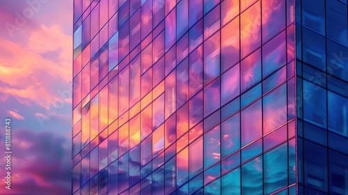 A close-up shot of a skyscraper's windows reflecting the changing colors of the sky at sunset. 