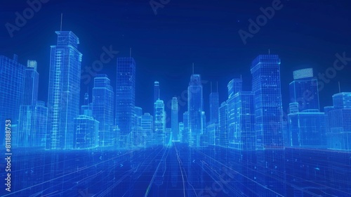 Line-based translucent graphics with street scenery buildings, smart city, future city, city centre, downtown business 
