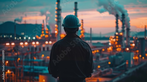 An engineer wearing a hard hat is standing on a platform in front of an oil refinery.