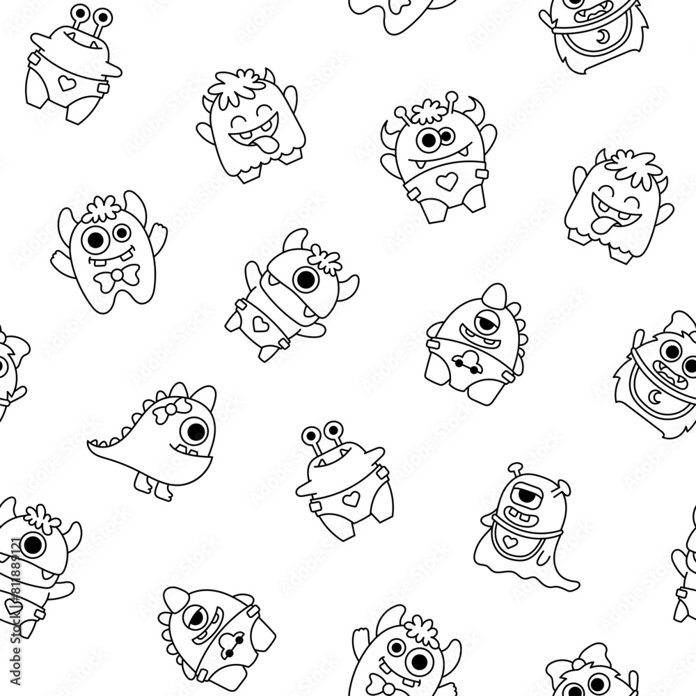 Obraz premium Cute kids monster. Seamless pattern. Coloring Page. Cartoon kawaii scary funny baby character. Hand drawn style. Vector drawing. Design ornaments.