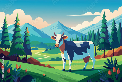 A cartoon cow stands in a verdant meadow with mountains in the background