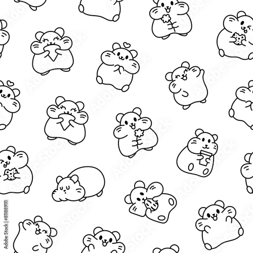 Cute kawaii hamster. Seamless pattern. Coloring Page. Cartoon funny animals character. Hand drawn style. Vector drawing. Design ornaments.