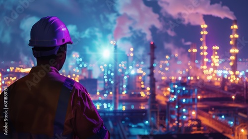 An engineer wearing a hard hat is standing on an elevated platform and looking out over a large oil refinery at night.