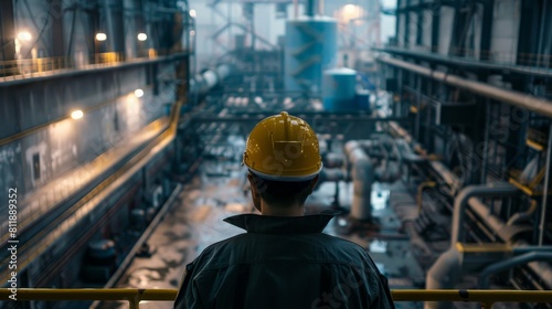 A man in a hard hat looking out over an industrial plant