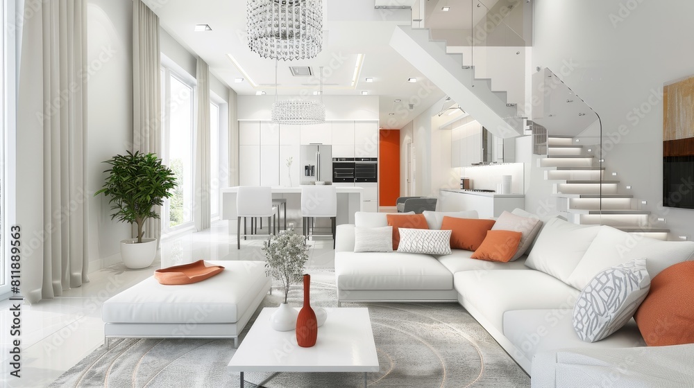 Modern White Living Room with Chic Orange and Grey Accents for Contemporary Design Articles