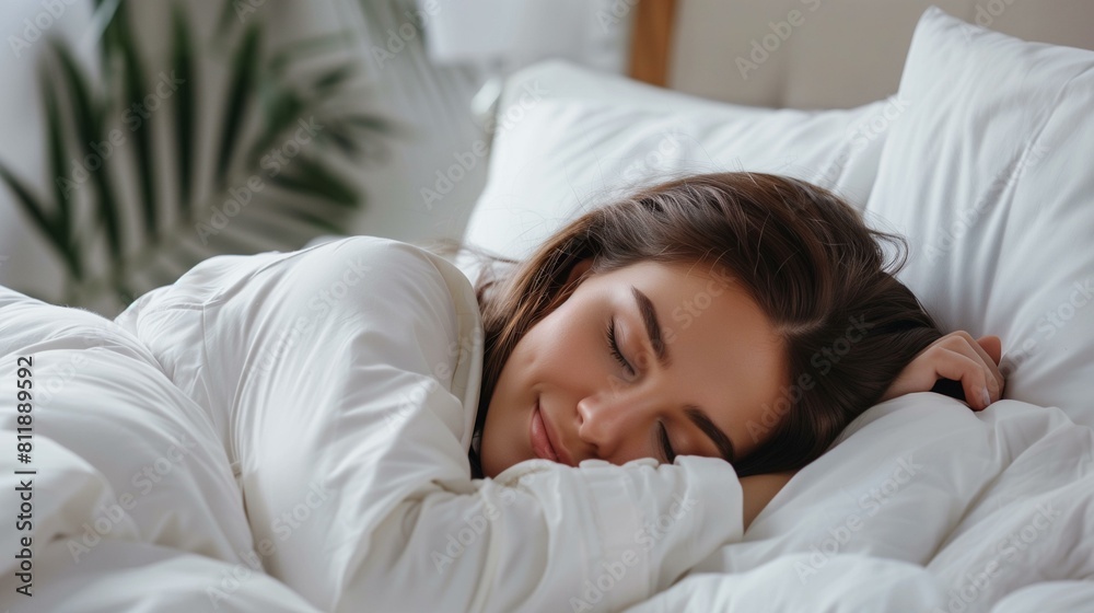 Serene woman sleeping in comfortable bed concept of sleep environment hygiene Serene woman sleeping in comfortable bed concept of sleep environment hygiene