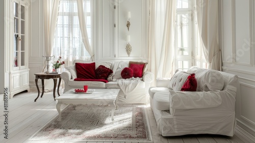 Elegant White Living Room with Red Accents for Festive Season Interior Design Ideas