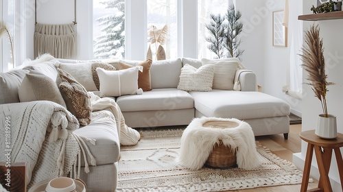  a cozy knit sofa, complemented by hygge accents like faux fur throws and minimalist decor for a cozy Nordic vibe