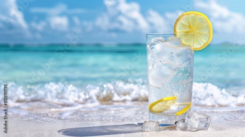 Summertime beachside refreshment: a refreshing cocktail with ice and a wedge of lemon