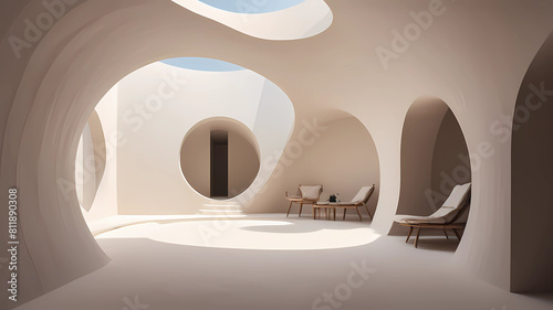 a vertical internal circular cylindre corridor with minimalist space, an ogive circular roof ,white sand --no wall