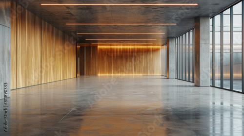 Minimalist Modern Office Interior with Concrete Floor and Wooden Wall