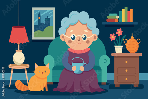 An elderly lady with her cat, sitting by a nightstand with tea and books