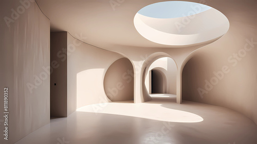 a vertical internal circular cylindre corridor with minimalist space, an ogive circular roof ,white sand --no wall photo