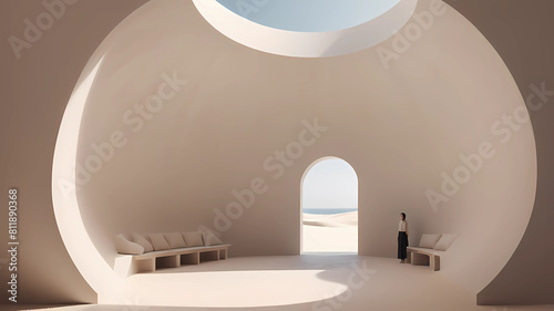 a vertical internal circular cylindre corridor with minimalist space, an ogive circular roof ,white sand --no wall photo