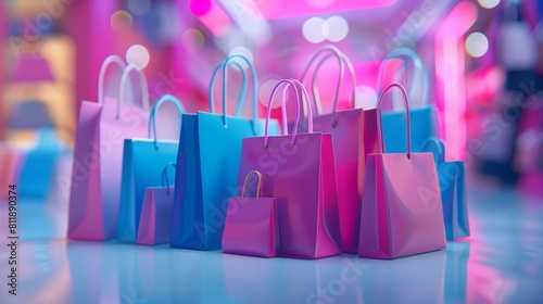 group of shopping bags in pink and blue tones. Generative AI