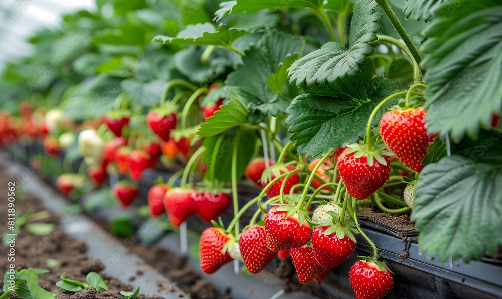 Strawberries growing in a greenhouse. Strawberries growing in a greenhouse.