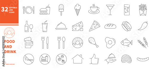 Food and drink icon set. Editable thin line stroke sketch icon.