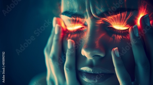Digital art of woman holding head in pain red light coming from eyes symbolizing eye strain pain concept photo