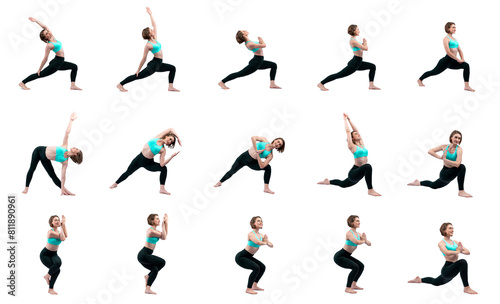 Healthy and active young woman in sportswear with different professional fitness posture set of squat training with meditation yoga exercise on isolated background in gaiety full body length shot.