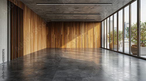 Minimalist Modern Office Interior with Concrete Floor and Wooden Wall