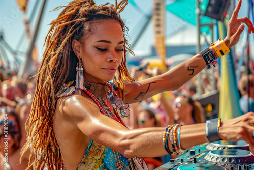 A woman with dreadlocks is playing music at a festival