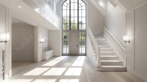 Contemporary entrance with a crisp linen staircase large front door and light hardwood flooring extending to a vaulted ceiling Bright clean design