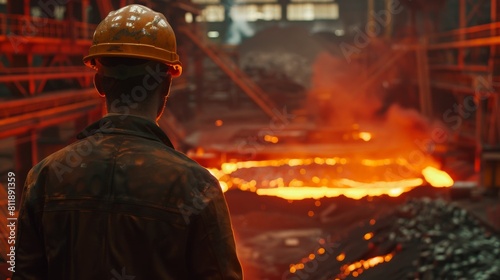 Steel mill worker looking at molten metal