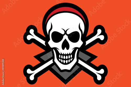 A pirate flag with a skull and crossbones symbol against orange
